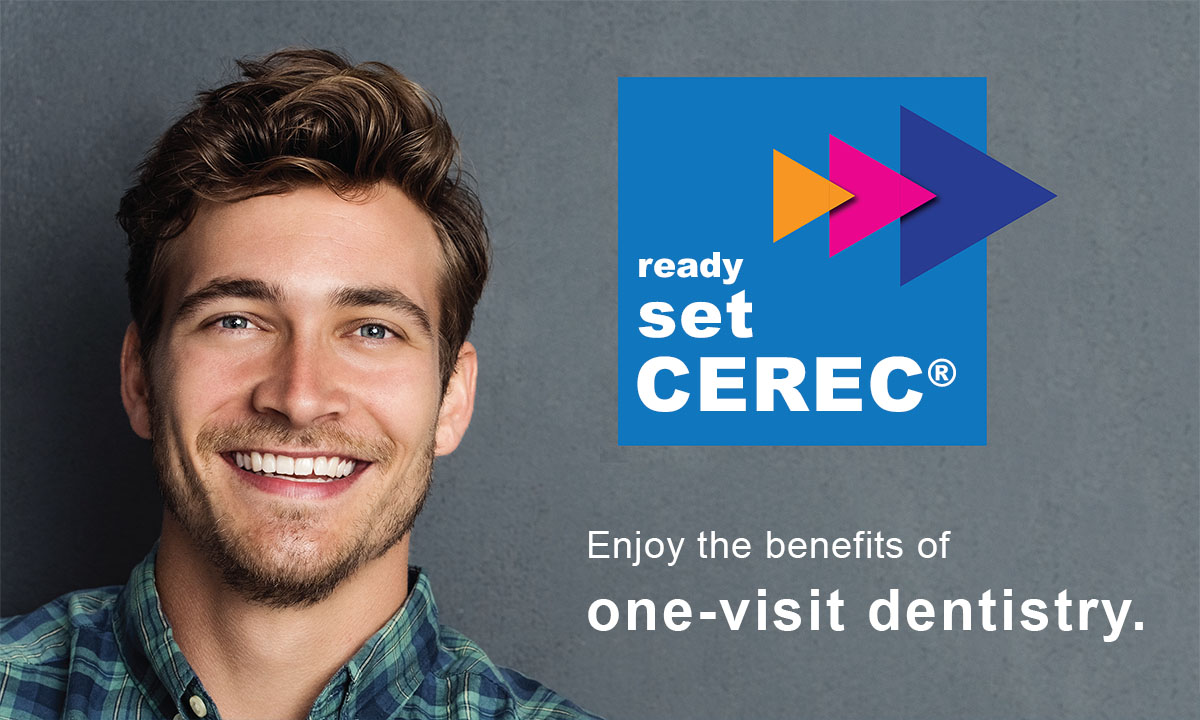 The image features a man smiling at the camera, advertising dental services with a sign that reads SET CEREC and includes a logo for Cerec .