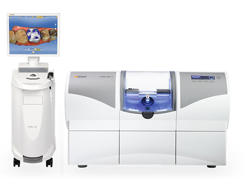 The image shows a modern dental practice setup with a 3D printer, dental machine, and monitor, indicating advanced technology used for dental treatments.